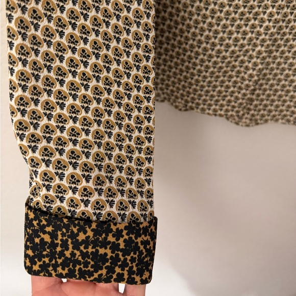Zara Patterned Button Up Shirt Black Gold Tan White - Picture 3 of 6